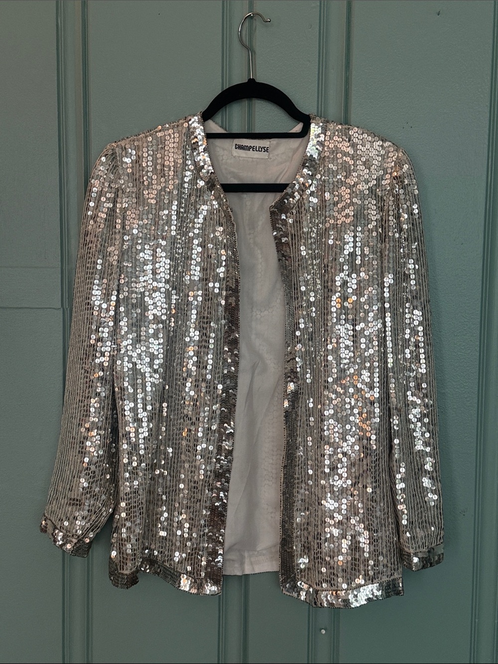 Vintage 70s 80s Champ Ellyse Silver Sequin Blazer Jacket w Disco Festival Vibes - Picture 1 of 12